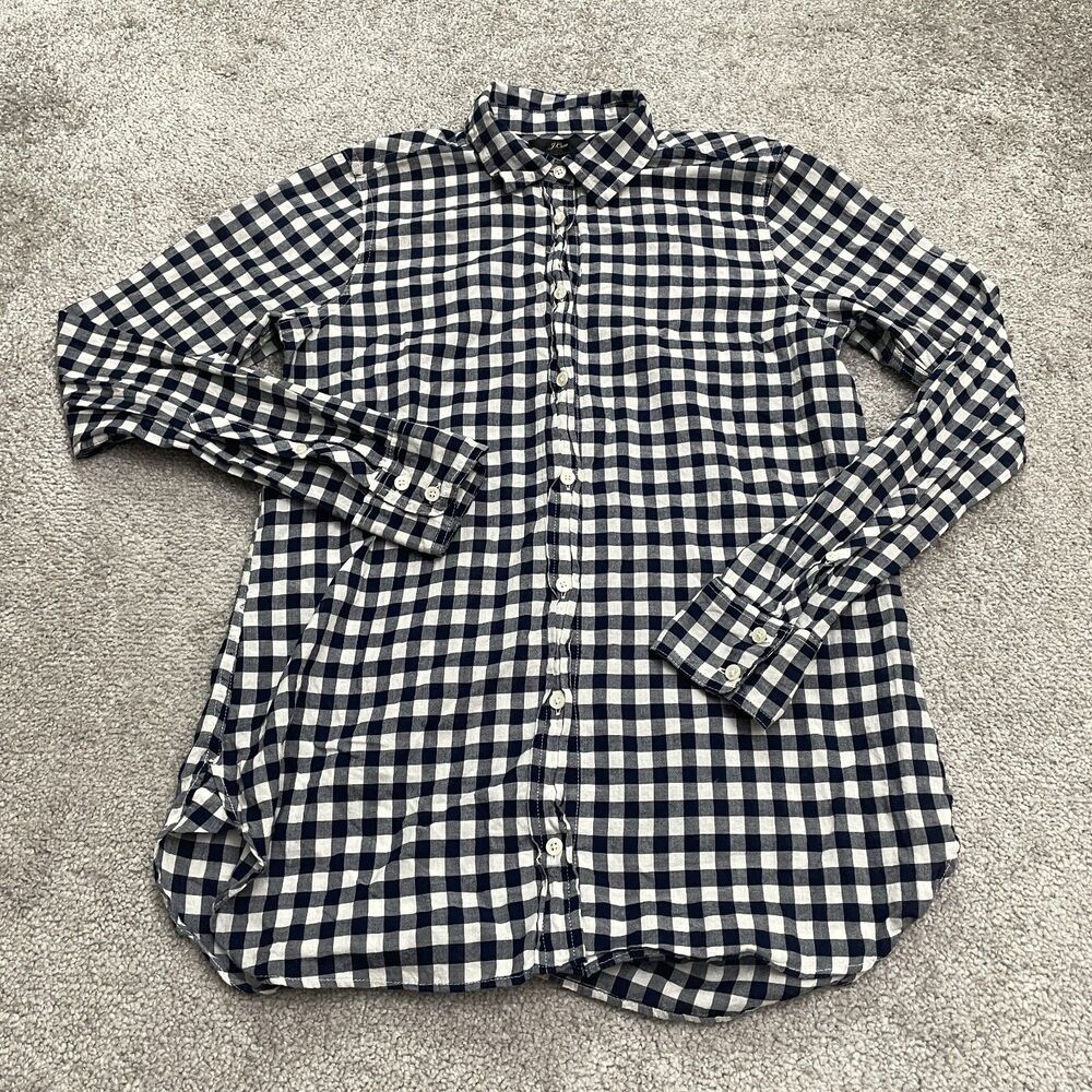 J.Crew Classic Boy Fit Shirt Womens 00 Blue White Crinkle Gingnam Cotton Casual